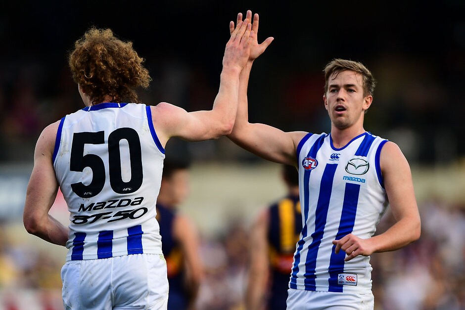 AFL 2016 Rd 16 - West Coast v North Melbourne PERTH, AUSTRALIA - JULY 10: Trent Dumont of the Kangaroos and Ben Brown celebrates a goal during the 2016 AFL Round 16 match between the West Coast Eagles and the North Melbourne Kangaroos at Domain Stadium on July 10, 2016 in Perth, Australia. (Photo by Daniel Carson/AFL Media)